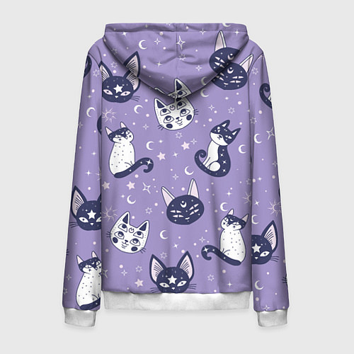Мужская толстовка на молнии Мистические кошечки - паттерн фиолетовый / 3D-Белый – фото 2