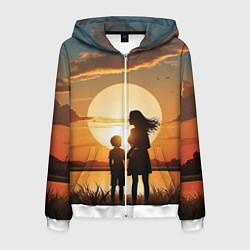 Толстовка 3D на молнии мужская Мать и дитя на закате, цвет: 3D-белый