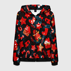 Толстовка 3D на молнии мужская Рождественские узоры красные, цвет: 3D-черный