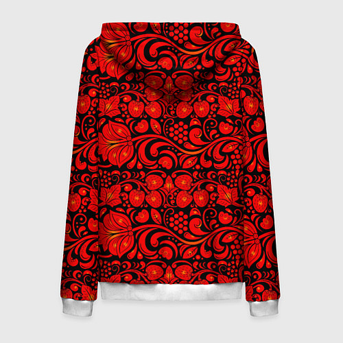 Мужская толстовка на молнии Хохломская роспись красные цветы и ягоды на чёрном / 3D-Белый – фото 2