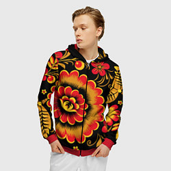 Толстовка 3D на молнии мужская Хохломская роспись красно-жёлтые цветы на чёрном ф, цвет: 3D-красный — фото 2