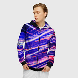 Толстовка 3D на молнии мужская Белые и красные линии на синем фоне, цвет: 3D-черный — фото 2