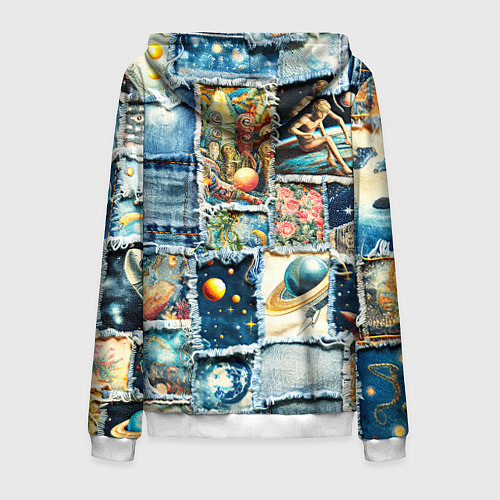 Мужская толстовка на молнии Космические обитатели - пэчворк / 3D-Белый – фото 2