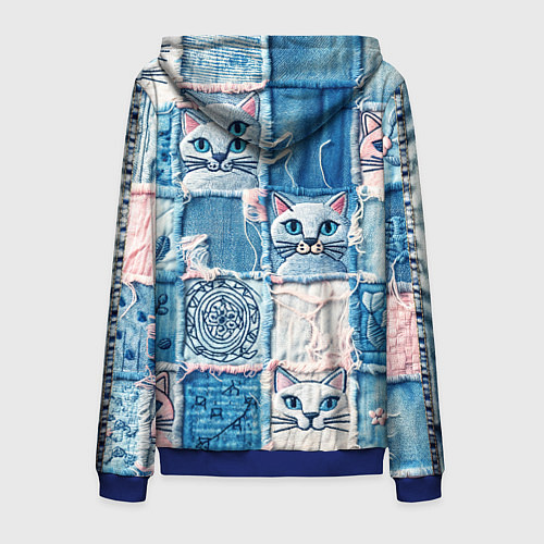 Мужская толстовка на молнии Кошки на пэчворк джинсах паттерн / 3D-Синий – фото 2