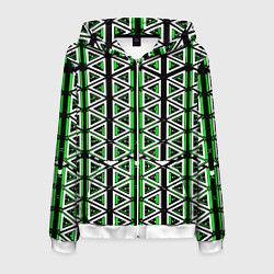 Мужская толстовка на молнии Бело-зелёные треугольники на чёрном фоне