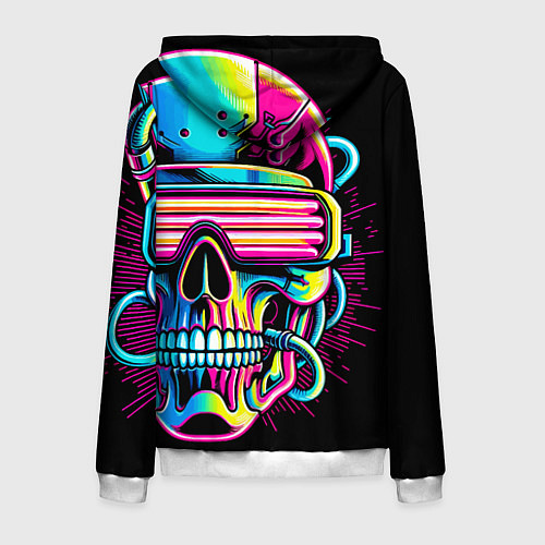 Мужская толстовка на молнии Cyber skull - ai art neon / 3D-Белый – фото 2