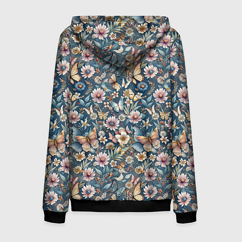 Мужская толстовка на молнии Летний узор с цветами и бабочками / 3D-Черный – фото 2