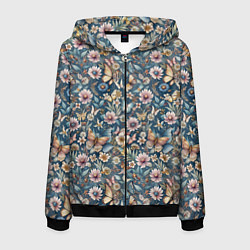 Толстовка 3D на молнии мужская Летний узор с цветами и бабочками, цвет: 3D-черный