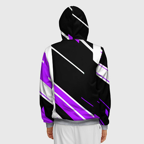 Мужская толстовка на молнии Бело-фиолетовые полосы на чёрном фоне / 3D-Меланж – фото 4