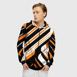 Толстовка 3D на молнии мужская Чёрно-оранжевые полосы на белом фоне, цвет: 3D-черный — фото 2