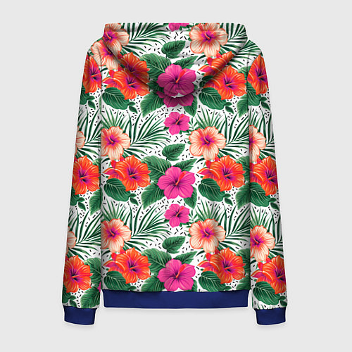 Мужская толстовка на молнии Цветы гибискуса и листья мальмы летний тропический / 3D-Синий – фото 2