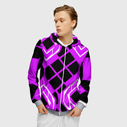Толстовка 3D на молнии мужская Чёрные квадраты и белые полосы на фиолетовом фоне, цвет: 3D-меланж — фото 2