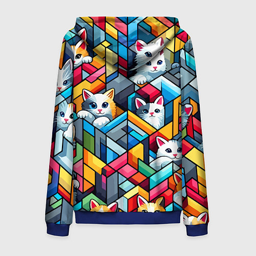Мужская толстовка на молнии Геометрический паттерн с котятами - нейросеть / 3D-Синий – фото 2