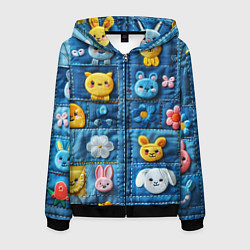 Толстовка 3D на молнии мужская Зайчата на пэчворк, цвет: 3D-черный