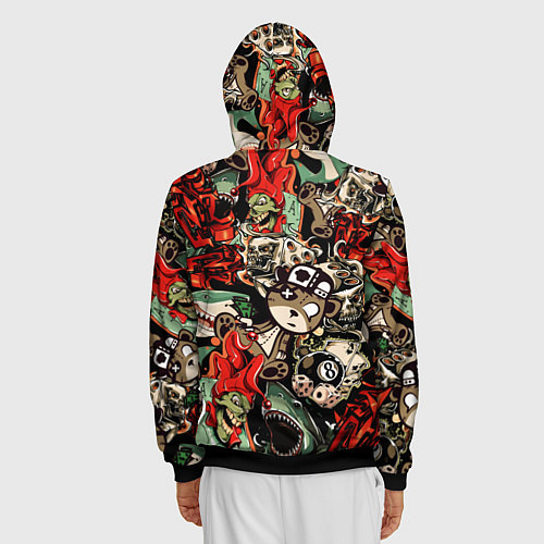 Мужская толстовка на молнии Граффити плюшевого медведя среди акул азарта / 3D-Черный – фото 4