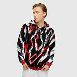 Толстовка 3D на молнии мужская Красно-белые агрессивные полосы на чёрном фоне, цвет: 3D-красный — фото 2