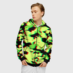Толстовка 3D на молнии мужская Камуфляж зелёный глитч, цвет: 3D-черный — фото 2