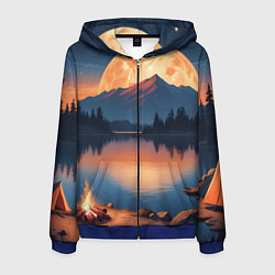 Толстовка 3D на молнии мужская Костер на берегу озера, цвет: 3D-синий