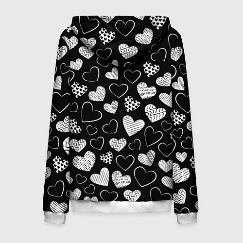 Мужская толстовка на молнии Белые сердечки на черном фоне / 3D-Белый – фото 2