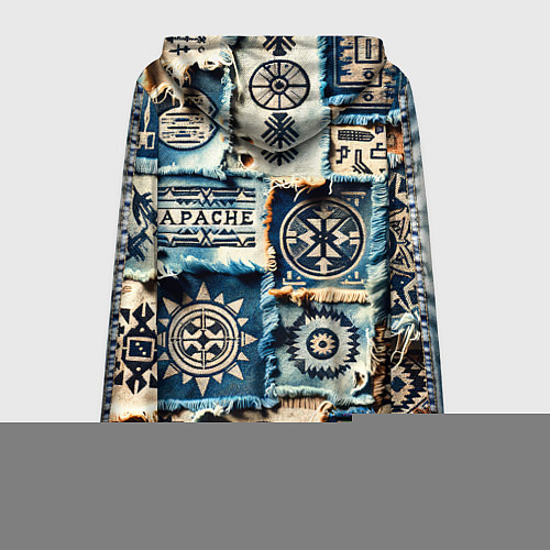 Мужская толстовка на молнии Символы Апачи на пэчворк дениме / 3D-Белый – фото 2