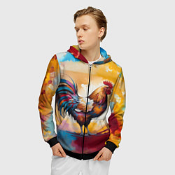 Толстовка 3D на молнии мужская Петух на ярком фоне, цвет: 3D-черный — фото 2