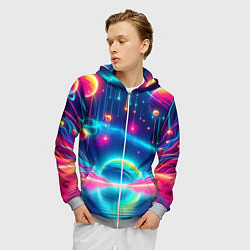Толстовка 3D на молнии мужская Неоновый космос - нейроарт фантазия, цвет: 3D-меланж — фото 2