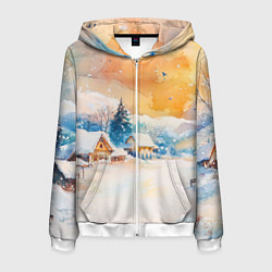 Толстовка 3D на молнии мужская Деревенский новогодний пейзаж, цвет: 3D-белый