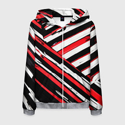 Толстовка 3D на молнии мужская Красно-белые диагональные полосы на чёрном фоне, цвет: 3D-меланж
