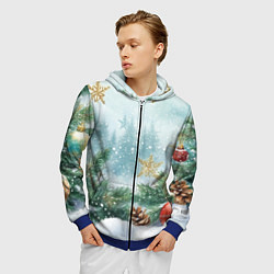 Толстовка 3D на молнии мужская Золотые снежинки - новогодний фон, цвет: 3D-синий — фото 2