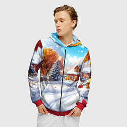 Толстовка 3D на молнии мужская Новогодний пейзаж и домики, цвет: 3D-красный — фото 2