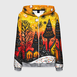 Толстовка 3D на молнии мужская Елочки на фоне оранжевого неба, цвет: 3D-меланж