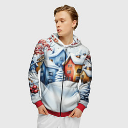 Толстовка 3D на молнии мужская Зимний новогодний городской пейзаж, цвет: 3D-красный — фото 2