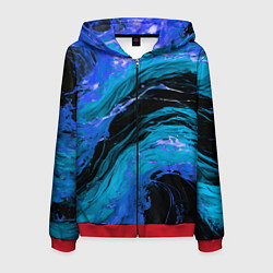 Толстовка 3D на молнии мужская Синие брызги на чёрном фоне, цвет: 3D-красный