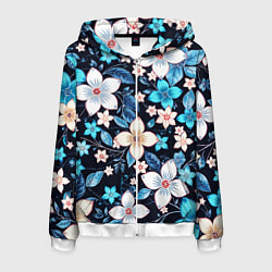 Мужская толстовка на молнии Сине-белые цветы на чёрном фоне