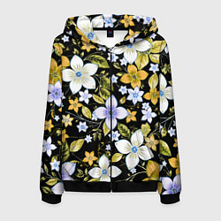 Толстовка 3D на молнии мужская Жёлто-белые цветы на чёрном фоне, цвет: 3D-черный