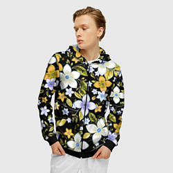 Толстовка 3D на молнии мужская Жёлто-белые цветы на чёрном фоне, цвет: 3D-черный — фото 2