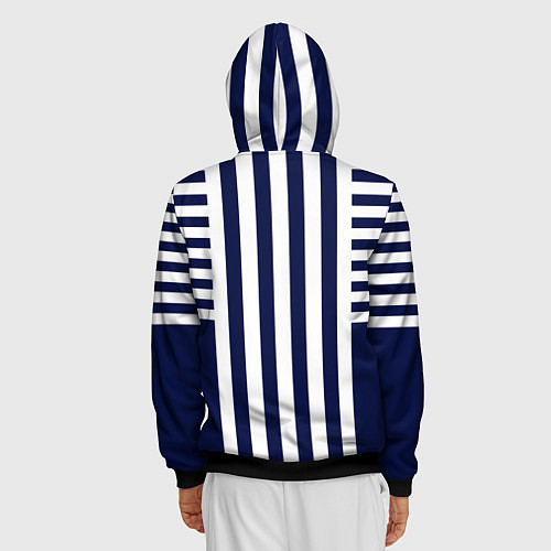 Мужская толстовка на молнии Бело синий комбинированный полосатый узор / 3D-Черный – фото 4