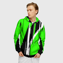 Толстовка 3D на молнии мужская Чёрно-белые вертикальные полосы на зелёном фоне, цвет: 3D-черный — фото 2