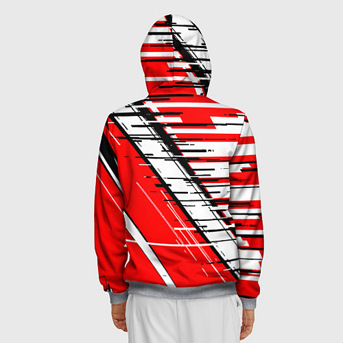 Мужская толстовка на молнии Чёрно-белые глитч полосы на красном фоне / 3D-Меланж – фото 4