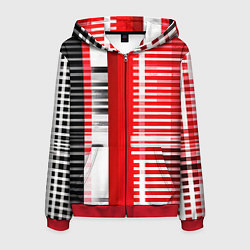 Толстовка 3D на молнии мужская Белые полосы на чёрно-красном фоне, цвет: 3D-красный