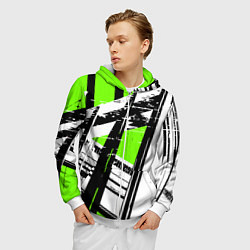 Толстовка 3D на молнии мужская Чёрно-белые абстрактные линии на зелёном фоне, цвет: 3D-белый — фото 2