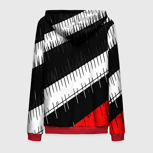 Мужская толстовка на молнии Диагональные чёрно-белые полосы на красном фоне / 3D-Красный – фото 2