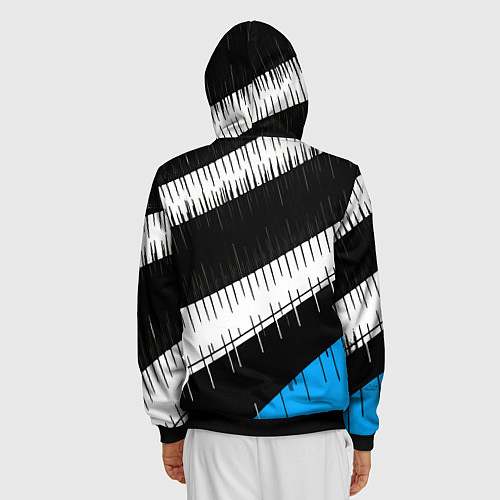 Мужская толстовка на молнии Диагональные чёрно-белые полосы на синем фоне / 3D-Черный – фото 4