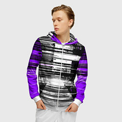Толстовка 3D на молнии мужская Горизонтальные чёрные линии на бело-фиолетовом фон, цвет: 3D-белый — фото 2