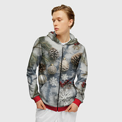 Толстовка 3D на молнии мужская Новогодние игрушки и шишки, цвет: 3D-красный — фото 2