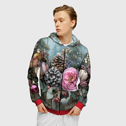 Толстовка 3D на молнии мужская Новогодние цветы и шишки, цвет: 3D-красный — фото 2