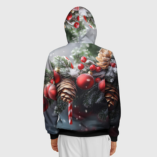 Мужская толстовка на молнии Новогодние украшения на ветках / 3D-Черный – фото 4