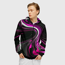 Толстовка 3D на молнии мужская Волнистые бело-розовые линии на чёрном фоне, цвет: 3D-черный — фото 2