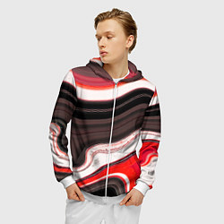 Толстовка 3D на молнии мужская Волнистые горизонтальные чёрно-красные полосы на б, цвет: 3D-белый — фото 2