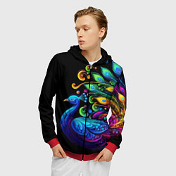 Толстовка 3D на молнии мужская Neon peacock - art, цвет: 3D-красный — фото 2